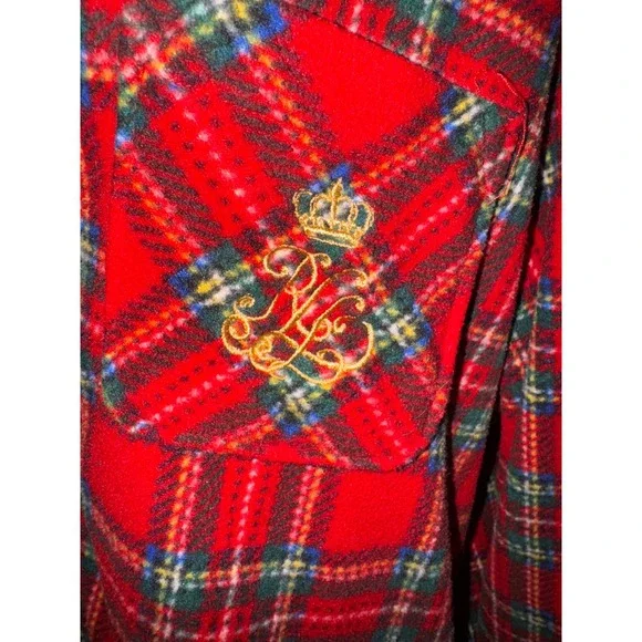 Lauren Ralph Lauren Red Plaid Fleece Pajama Set Women's XL Button Down Top Pants - Picture 5 of 10